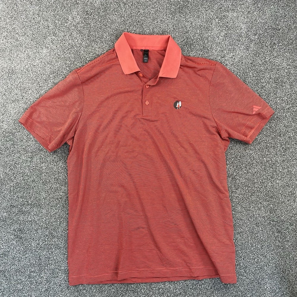 Adidas Men's Large Red Black Striped Golf Polo Shirt Performance Embroidered